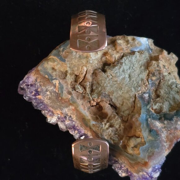 Vintage Copper Cuff Engraved Aztec Geometric Design Cuff Bracelet Beveled 7.5" - Picture 3 of 7